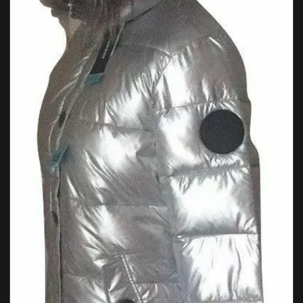DIESEL Silver Metallic Puffer Jacket with Faux Fur Trimmed Removable Hood Sz 16